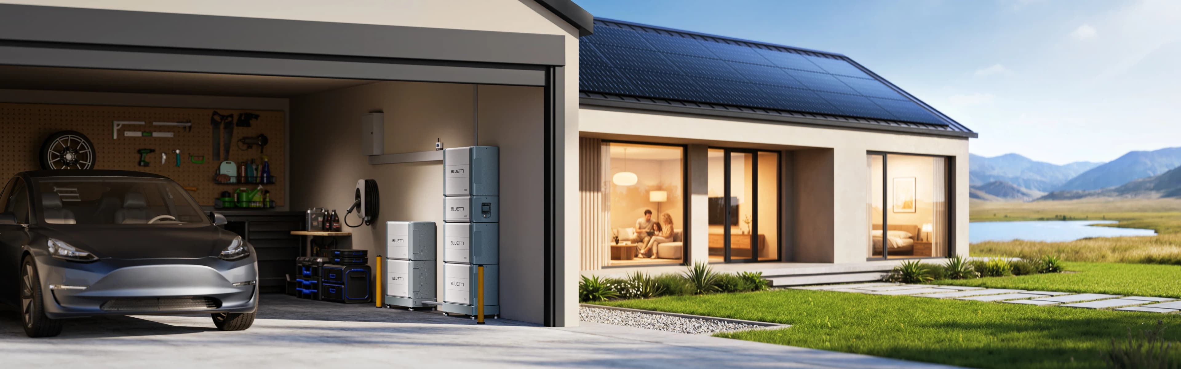 Modern home at dusk with BLUETTI EP2000 home battery and rooftop solar panels